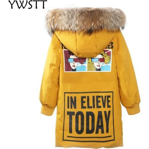 Children Winter Jacket Girl Clothes Cotton-padded Outerwear Kids Warm Thick Fur Collar Hooded Long Down Coats
