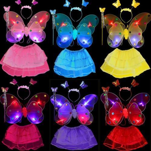 Girl LED Double Layer Butterfly Wings Set Irregular Tiered Mesh Tutu Skirt Fairy Wand Headband Princess Party Costume 2-8T