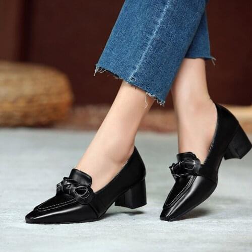 Elegant Thick Med Heels Pumps Women Fashion Solid Color PU Leather Party Wedding Shoes Woman Shallow Mouth Pumps Female