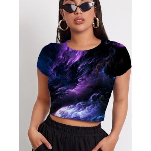3d Tshirt Nebula T-shirt Women Purple Tshirts Casual Space Navel Bare Universe Tshirt Printed Womens Clothing Summer Short Slim