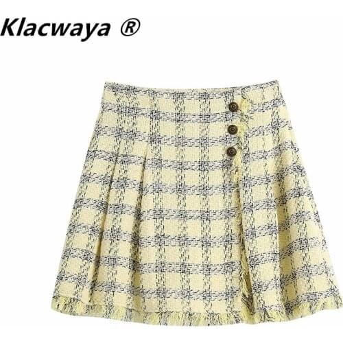 Klacwaya Za Woman Summer 2021 Plaid Skirt Pleated High Waist Mini Skirts Fashion Textured Frayed A Line Short Skirts