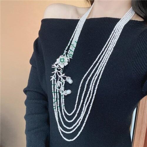 25'' 5 Strands Cultured White Pearl Necklace Red Crystal Cz Pave pendant