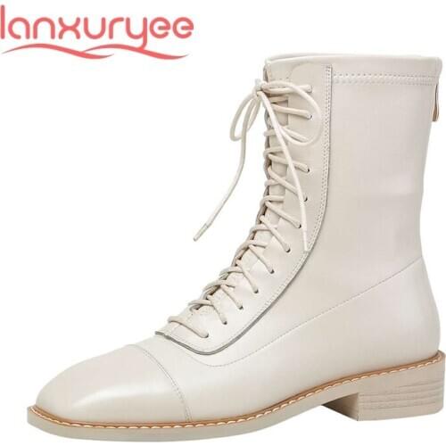 Lanxuryee big size new style real leather winter shoes square toe med heel cross-tied classic colors keep warm ankle boots L02