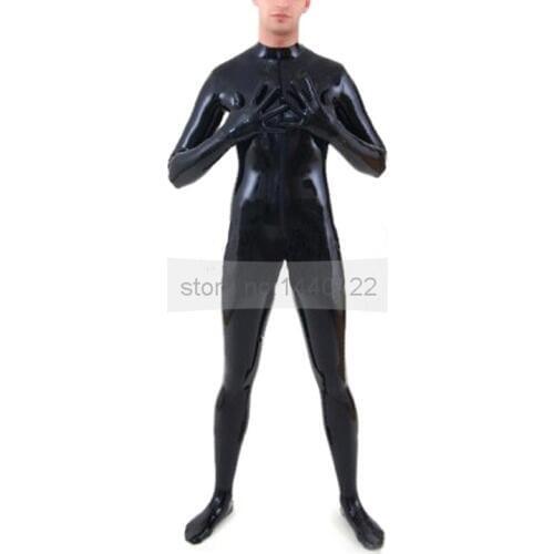 Male Rubber Latex Catsuit Socks Gloves Attached Black Men Fetish Tights Body Suit BNLCM079