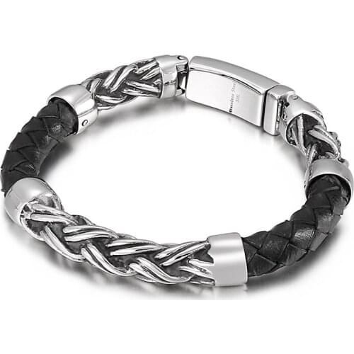 HAOLYNJOY Vintage 9mm Mens Leather Woven Bracelet Anniversary Gift Stainless Steel Jewelry