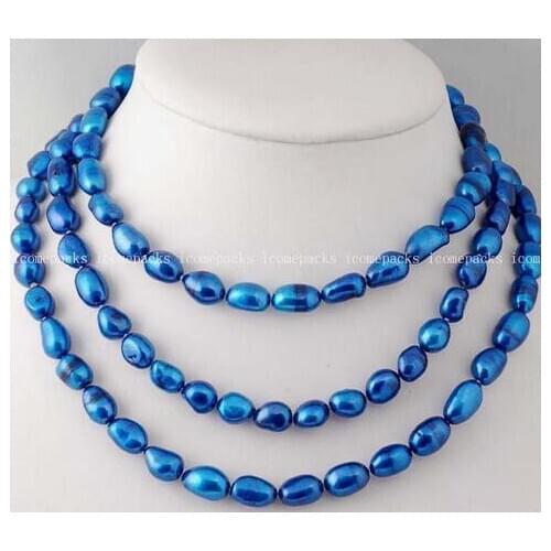 Wholesale nice 8-10*6-7mm deep blue freshwater pearl baroque necklace 43"