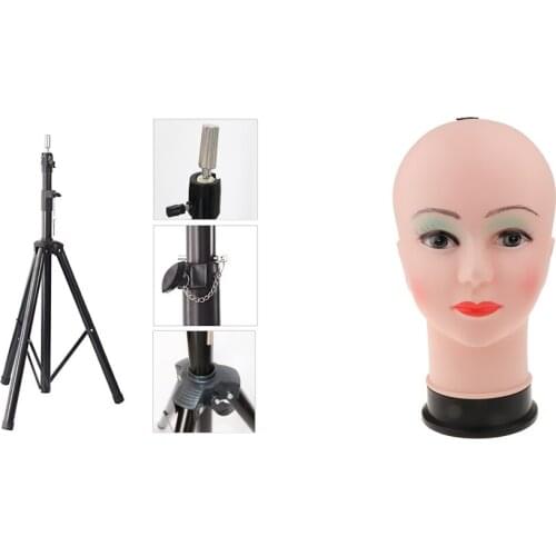 Wig PVC Mannequin Head + Multifunction Adjustable Tripod Doll Manikin Stand