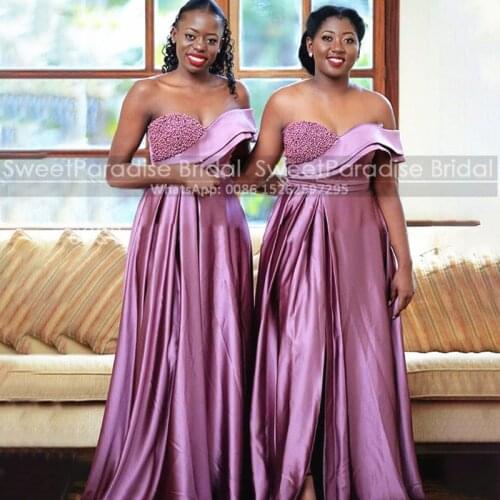 Luxury Beads Lavender Satin Bridesmaid Dresses 2021 A Line Side Split Sweetheart African Women Long Wedding Party Dress Formal