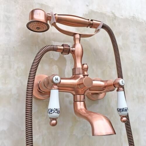 Modern Bathroom Antique Red Copper Wall Mounted Clawfoot Tub Filler Faucet Handshower Two Ceramics Handles atf804