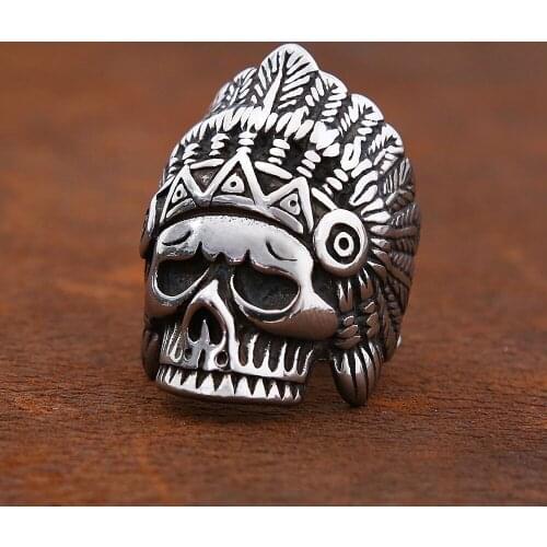 Vintage Indian Skull Ring Tribal Warrior Mens Biker Stainless Steel Rings Jewelry Punk Rock Gifts Wholesale