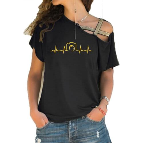 Women Short Sleeve t shirt Heartbeat of Camera T Shirts New Summer Short Sleeve Cotton Fashion Photographer Irregular Skew Cross