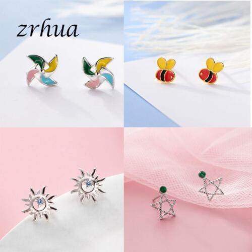 Silver Color Jewelry for Women Girls Stud Earrings Cute Windmill Heart Bee Sun Star Colorful Original Brincos Female Gift