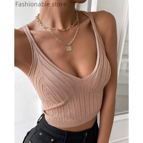 Women Solid Color Knitted Camis Spaghetti Strap Top
