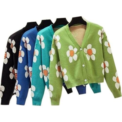 Womens Korean Style Floral Printing V-neck Knitted Cardigans Female Casual Oversized All-match Sweater One Size