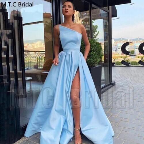 Mint Blue Long Satin Sexy Prom Dresses With Pocket High Slit Strapless Plus Size Women Formal Occasion Dress Robe De Soiree