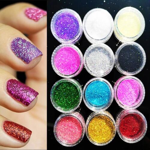 [12Colors] 12jars/lot Assorted Color Nail Art Fine Glitter Powder Dust UV Gel Polish Acrylic Nail Tips Tools (full/jar 12jars/)