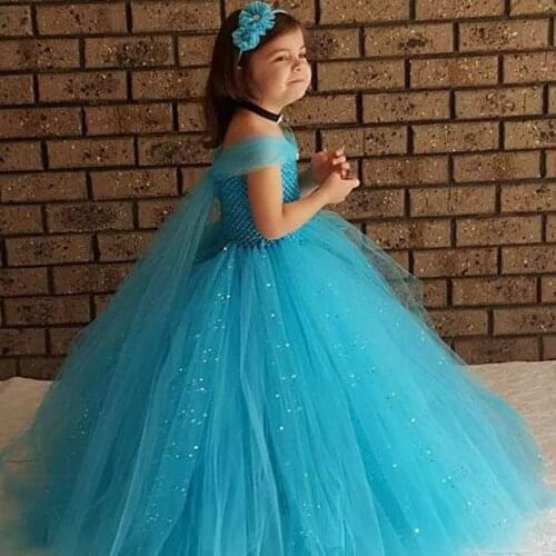 2021Baby Girls Glitter Princess Tutu Dress Kids Crochet Tulle Elsa Dress Ball Gown with Hairbow Children Birthday Party Dresses