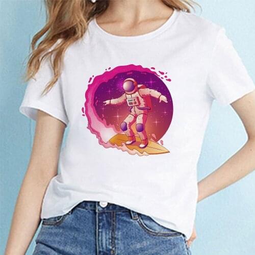Women T-shirt Astronaut Planet Cartoon Pattern Print Tshirt Female O-neck Harajuku Graphic Short Sleeve Summer T Shirt Lady Tee
