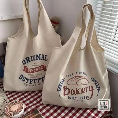 Canvas Shoulder Bag Female Korean Version Large Capacity Wild Retro Alphabet Bread Pattern Printing Ins Harajuku Art Simple