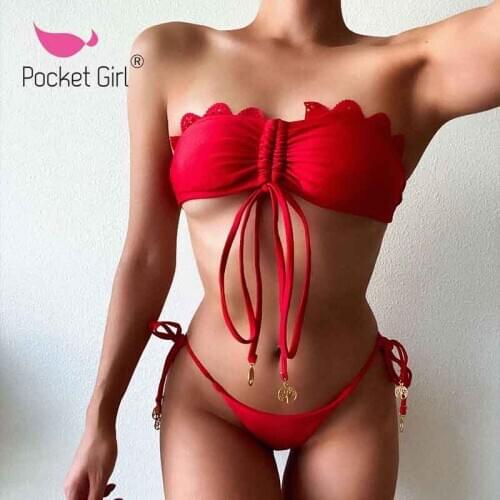 Pocket Girl 2020 Micro Tie Dye Bikini Sexy Colorful Swimsuit Women Swimwear Strapless Ruffles Bikini Set Bathing Suit 2 Piece