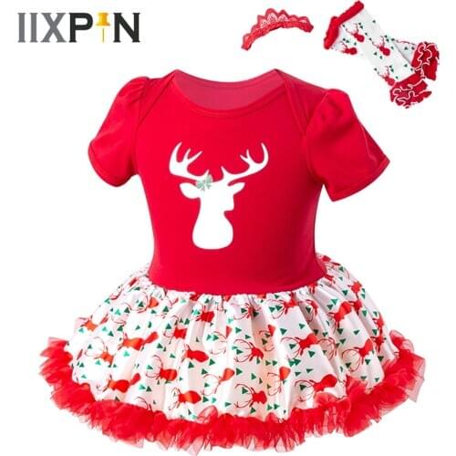 Newborn Baby Girl Christmas Dress 3Pcs New Years Costume Printed Deer Head Romper Headband Socks Sets Tutu Jumpsuit Outfits