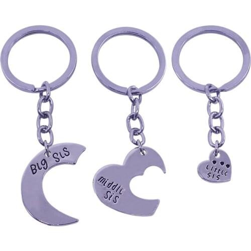 3 Pcs Heart Big Middle Little Sis Sister Key Chains Ring Fob Keyring Keychain Family Charm Women Girl Friends BFF
