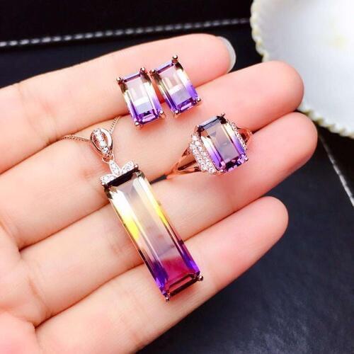 Free Shipping Natural Ametrine jewelry set Natural Real Ametrine 925 sterling silver 1pc pendant,1pc ring ,2pcs Earring