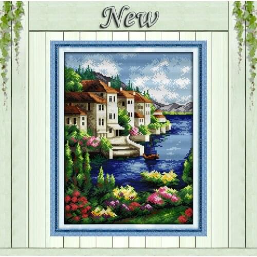 Beautiful villa view The Riverside Scenery,Counted print on canvas DMC 14CT 11CT DIY Cross Stitch Needlework kits Embroidery Set