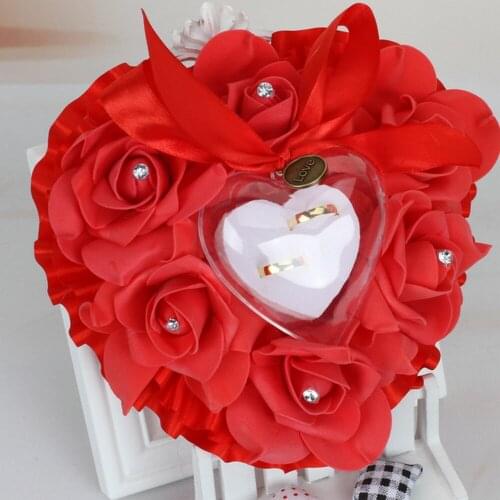 Red Ivory Rose Flower Ring Pillow Cushion Heart Shape Gift Ring Box Romantic Wedding Jewelry Case Ring Bearer Holder with Ribbon
