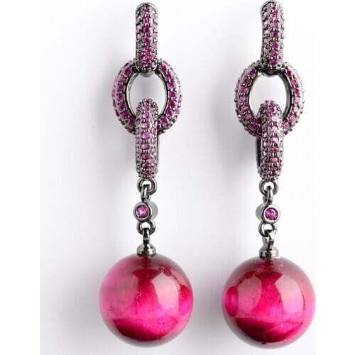 Round Red Tigers Eye Fuchsia Cz pave Ring Stud Earrings