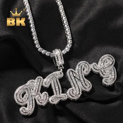 THE BLING KING Custom Cursive Baguette Letter Pendant Iced Out CZ Script Initial Name Tennis Chain Necklace Hiphop Jewelry