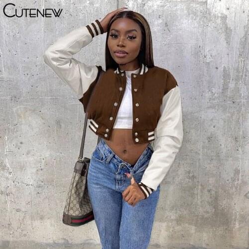 Cutenew Fashion Leather Patchwork Short Baseball Jacket Women Casual Single Breasted Long Sleeve Coat Autumn Sporty Streetwear