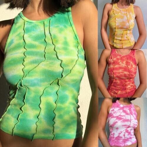 Tie-Dye Printed Irregular Reverse Trim Tank Top Women Summer Casual Slim Fitting Round Neck Wild Exposed Navel Wrapped Vest