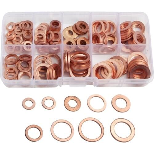 200Pcs 9 Sizes Copper Washers Assorted Solid Copper Gasket Washers Sealing Ring Set Hardware Kit M5/6/8/10/12/14 with Plastic Ca
