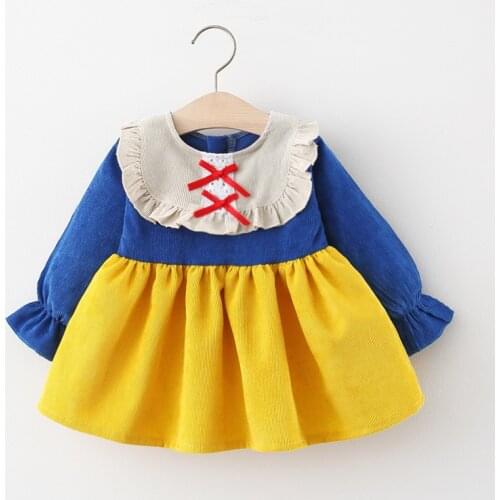 Melario Bow Party Dress Autumn Winter New Girls' Clothing Blue Yellow Patchwork Long Sleeved Dress Girls Dresses Newborn Clothes