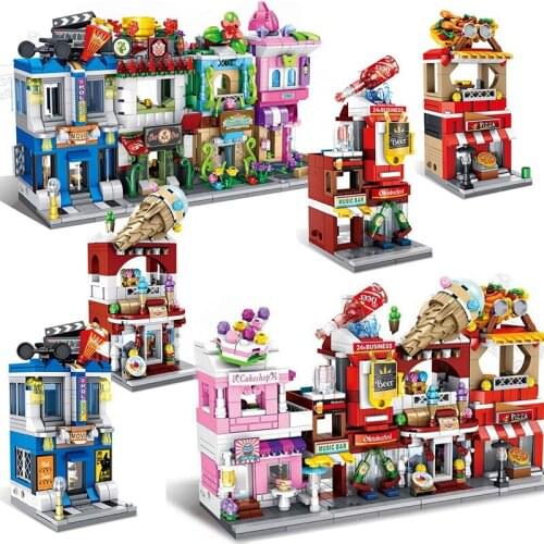 City Street View Ice Cream Hot Dog Truck Model Building Blocks Flower Store Food House Compatible Friend Food Shop DIY Toys