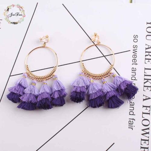 Fashion Charm Large Circle Tassel Clip Earrings for Women Girl Wedding Party Bohemian Long Earring Jewelry Gift Wholesale
