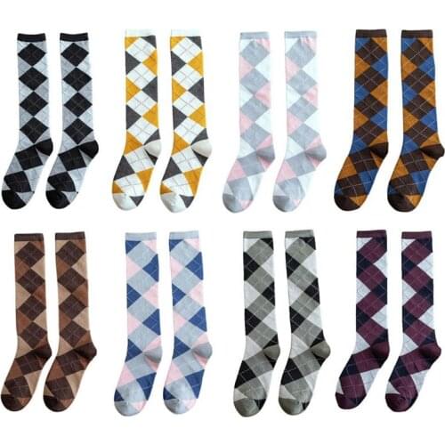 4 Pairs Keep Warm Japanese Style Knee-High Socks For Woman Socks Rhombus Pattern Autumn Winter Cotton College Style Stockings