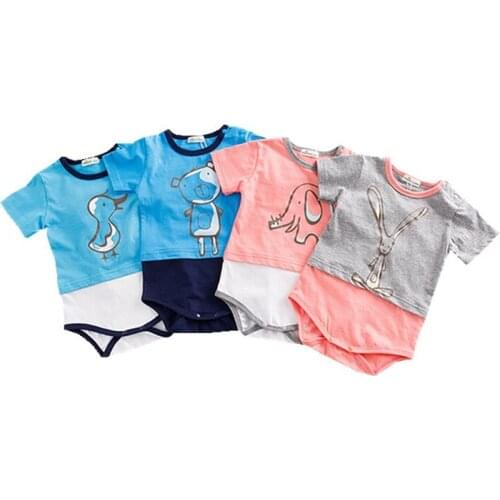 Baby Clothes Short Sleeve Summer Cotton Jumpsuit Lovey Animal Printed Rabbit Duck Pink Elephant Costume Boy Girls Short Romper