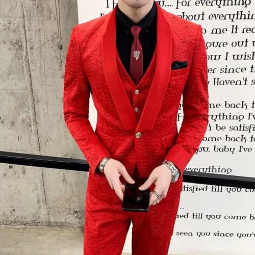 Jacket+Vest+Pants) New High-end Rose embossing Mens Wedding Dress Tuxedo Luxury Set Groom Casual Suit Formal 3-piece Suit