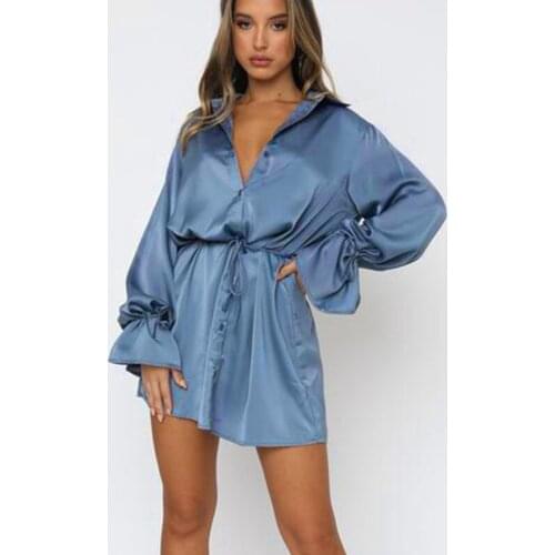 Women Lapel Neck Shirt Dress Solid Color Single-breasted Long Sleeve Drawstring High Waist Straight Mini Dress Fall Spring Femme