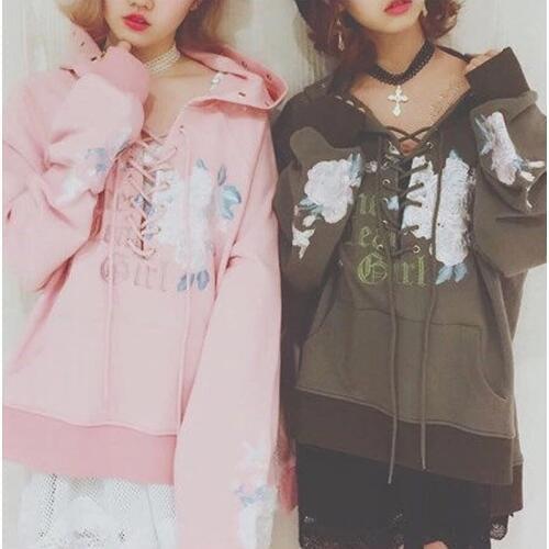Cool Harajuku Flower Embroidery Oversize Hooded Sweatshirt Loose Long Sleeve Hoodies Irregular Length Pink & Green