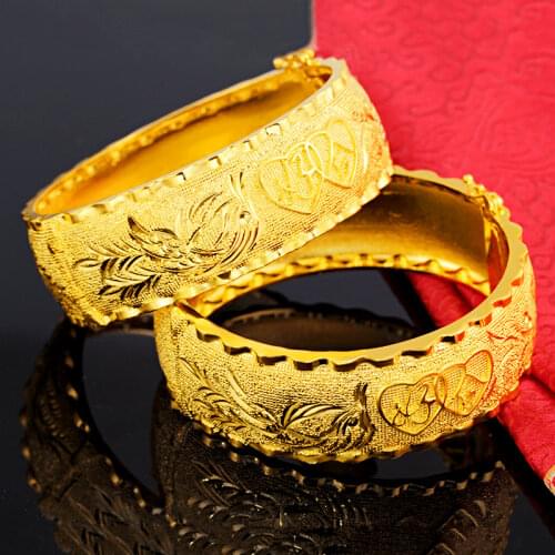24k Yellow Gold Plated Bracelet For Women Classical Gold Dragon Phoenix Bridal Matte Bracelet Wedding Anniversary Fine Jewelry