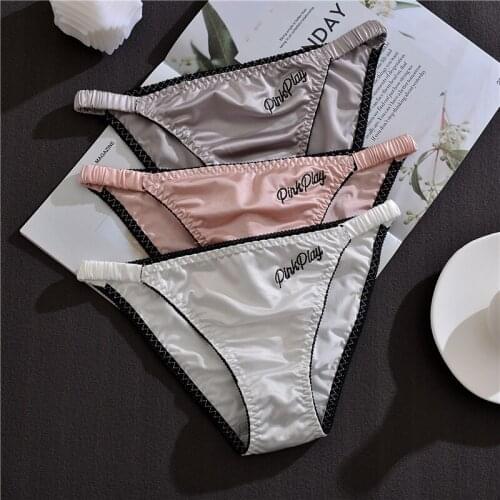 Sexy Girl Thongs Women Glossy Underwear Panty Low Waist Solid Silky Satin Fabric Briefs Embroidery G-string Sports Underpants