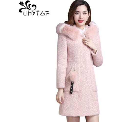 UHYTGF High-End Imitation Mink Fleece Winter Wool Coat Mid-Length Fur Collar Hooded Casual Warm Jacket Women Plus Size Tops 1934