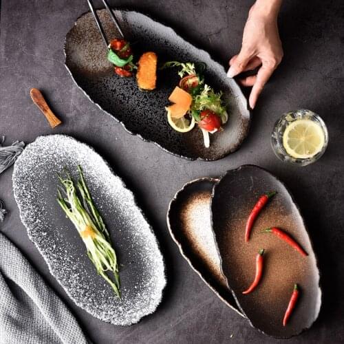 Japanese Oval Ceramic Plate Household 12-inch Large Flat Plate Fish Plate Restaurant Irregular Tableware Dishes Fruit Bowl