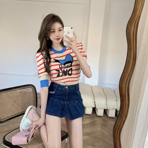 T-shirt Womens New Summer Design Sense Striped Printing Short-sleeved Top Korean Slim Round Neck Thin T-shirt