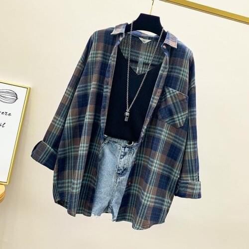 2021 Spring Autumn New Womens Retro Plaid Cotton Shirts Lady Long Sleeve Blouses Checked Tops Female Casual Loose Outwear Q445