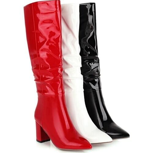 2020 High Heel Knee High Boots Women Shoes Faux Leather Pleated Long Boots Pointed Toe 34-43 Autumn Winter Boots