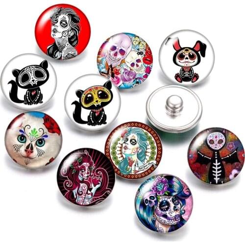 DB0467 Lady Skull 18mm snap buttons 10pcs mixed round photo glass cabochon style for snap button jewelry